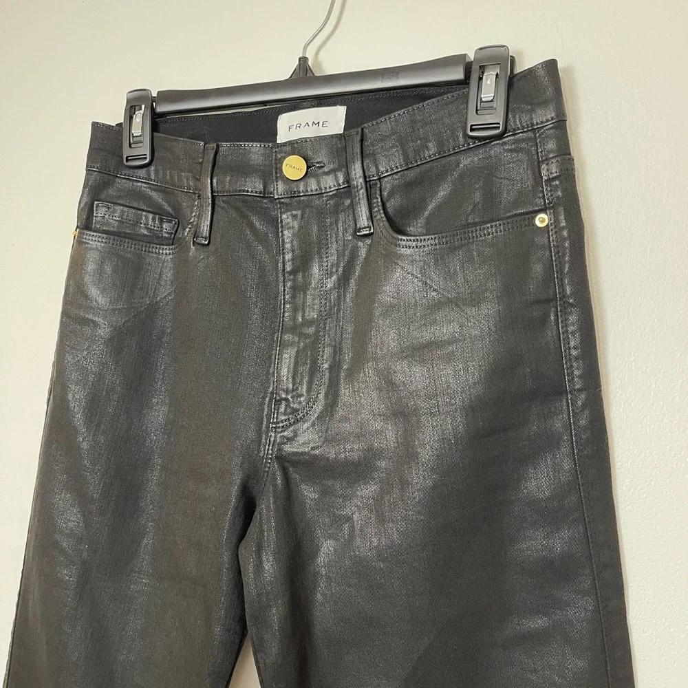Frame High Rise Straight Coated  Stretchy Jeans in Noir Womens Size 29 - Picture 4 of 14